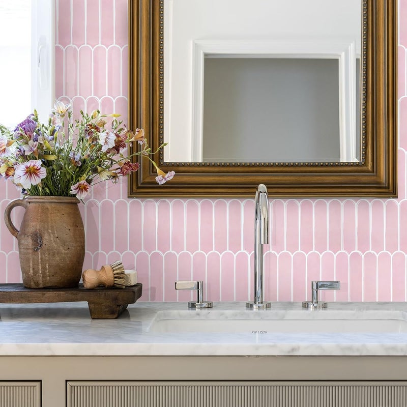 Commomy Thicker Pink Peel and Stick Tile Backsplash - 10 pcs of 12" x 12" - 3D Adhesive Peel and Stick Backsplash for Kitchen, Bathroom, Removable, Waterproof, Vinyl Wall Tile - Image 3